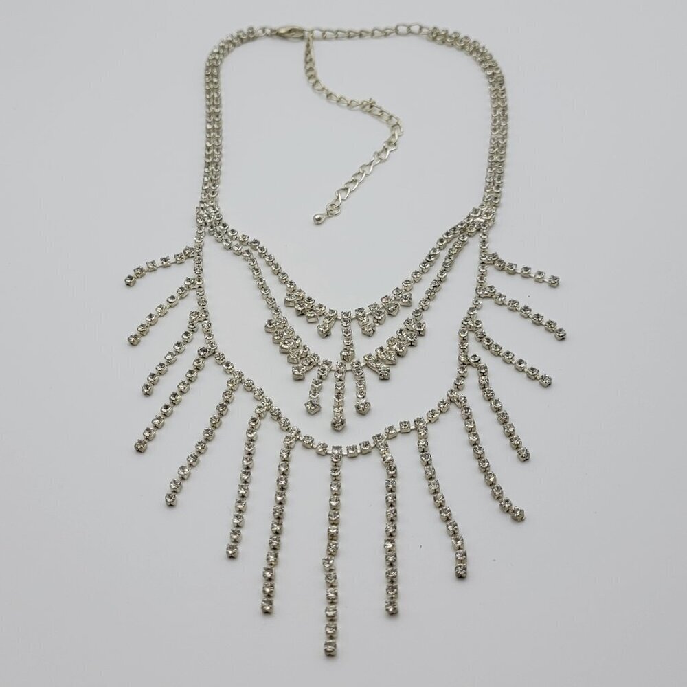 Silver Tone Clear Crystal Layered Tassel Tennis Necklace 13-18 In